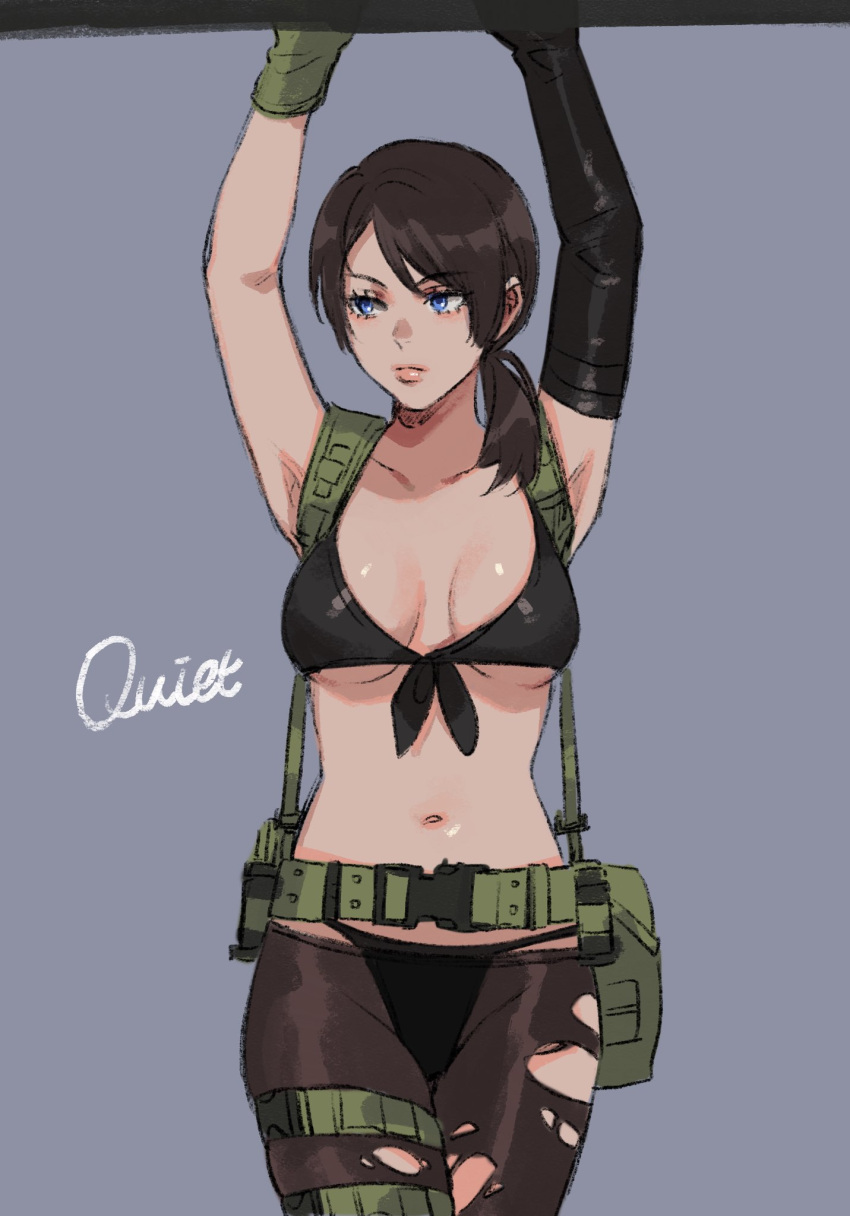 1girl, arms_up, black_gloves, black_panties, blue_eyes, breasts, brown_hair, character_name, front-tie_top, gloves, green_gloves, highres, large_breasts, lips, metal_gear_(series), metal_gear_solid_v, mismatched_gloves, navel, noriuma, panties, pantyhose, ponytail, quiet_(metal_gear), solo, torn_clothes, torn_legwear, underwear