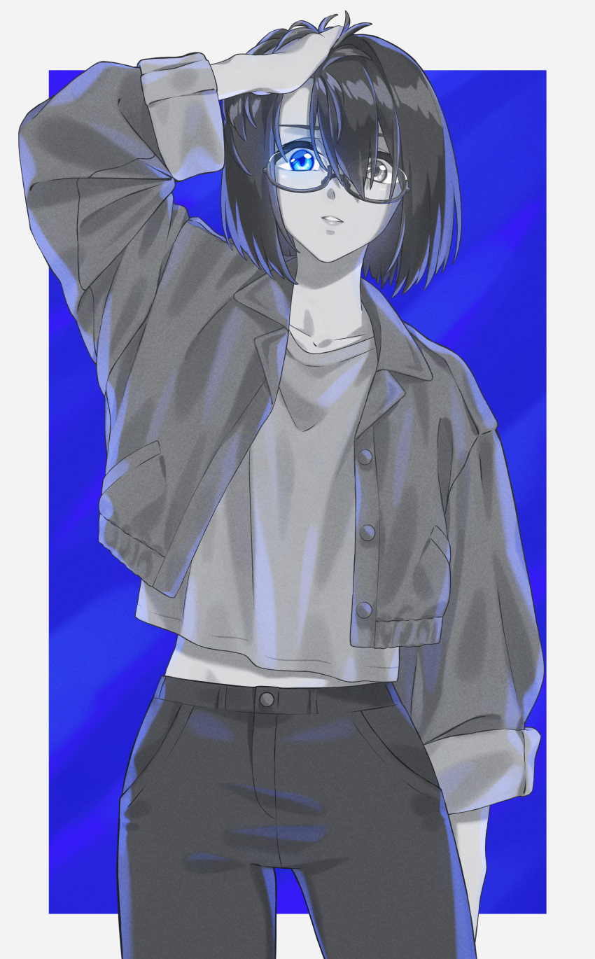 1girl, absurdres, banana_oekaki, blue_eyes, coat, glasses, greyscale, hair_between_eyes