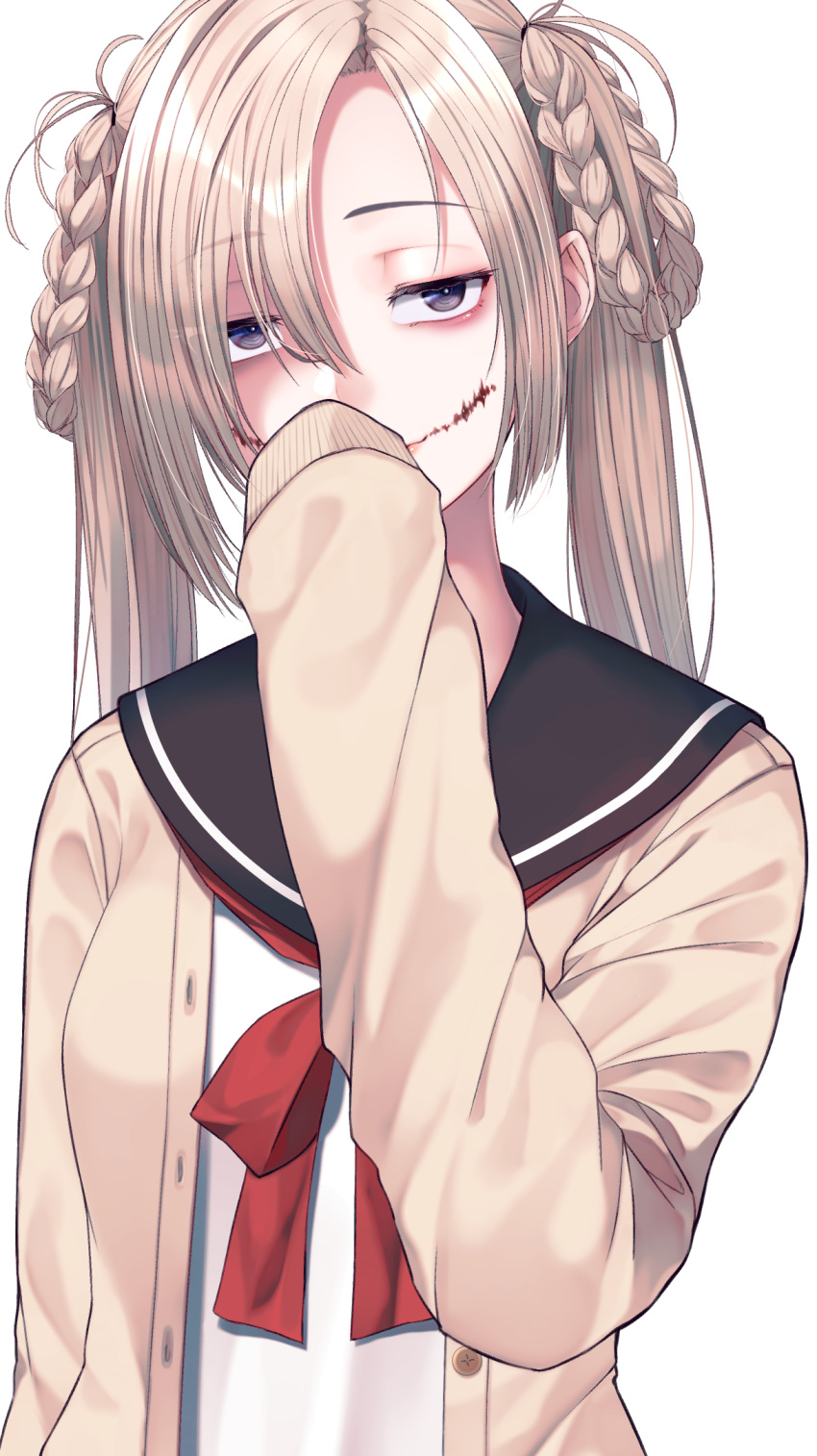 1girl, blonde_hair, braid, covering_mouth, eyebrows_visible_through_hair, highres, light_smile, looking_at_viewer