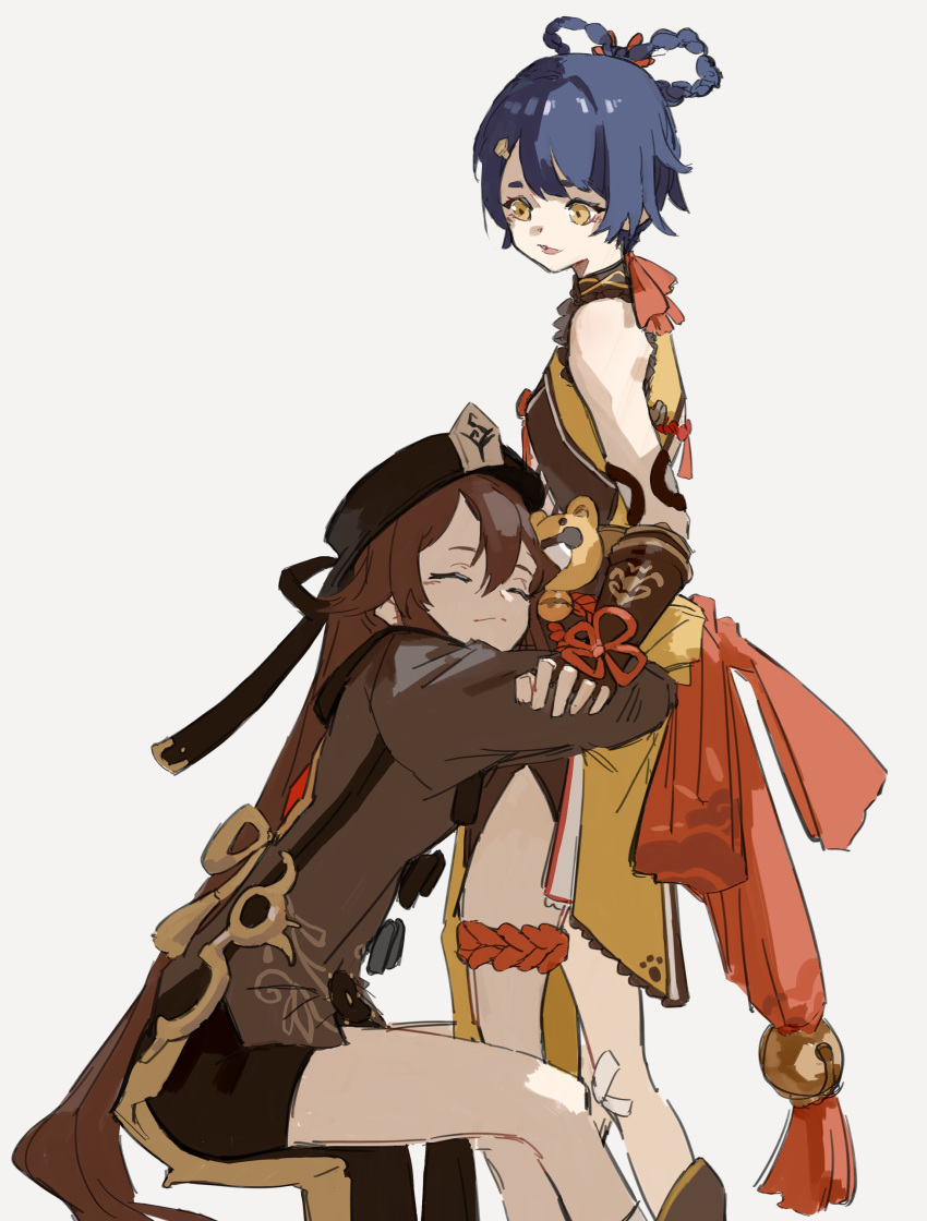 2girls, absurdres, bandaid, bandaid_on_knee, bare_legs, bare_shoulders, bell, black_headwear, blue_hair, braid, breasts, brown_coat, brown_hair, chinese_clothes, closed_eyes, coat, feet_out_of_frame, fingerless_gloves, genshin_impact, gloves, guoba_(genshin_impact), hair_between_eyes, hair_rings, hat, highres, hu_tao, hug, kurattes, long_hair, multiple_girls, orange_eyes, red_ribbon, ribbon, shorts, simple_background, sitting, small_breasts, smile, thigh_strap, waist_hug, white_background, wrist_guards, xiangling_(genshin_impact), yuri