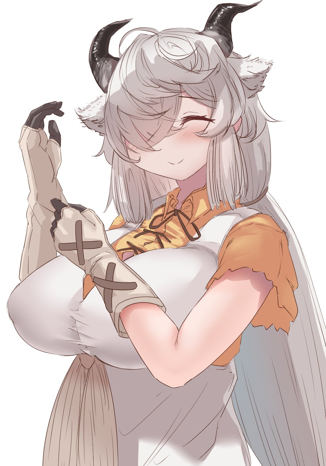 1girl, ^_^, adjusting_clothes, adjusting_gloves, animal_ears, bare_arms, black_horns, breasts