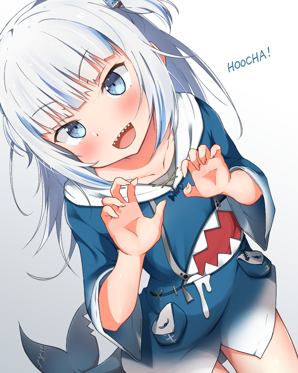 1girl, animal_costume, blue_eyes, blue_hair, blush, claw_pose, dutch_angle, english_text