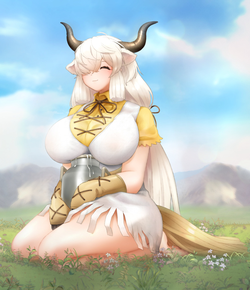 1girl, ^_^, absurdres, ahoge, animal_ears, arm_rest, bangs, bare_arms, bare_legs, barefoot, black_horns, breasts, brown_horns, closed_eyes, collared_shirt, commentary, day, dress, english_commentary, extra_ears, flower, full_body, gloves, grass, hair_over_one_eye, highres, horns, huge_breasts, impossible_clothes, impossible_dress, kemono_friends, kemono_friends_3, long_hair, mountainous_horizon, multicolored_horns, neck_ribbon, nelly_(altsarespicy), outdoors, ox_ears, ox_girl, ox_horns, parted_bangs, ribbon, shirt, short_dress, short_sleeves, sidelocks, sitting, sky, solo, tail, very_long_hair, white_dress, white_hair, wing_collar, yak_(kemono_friends), yellow_shirt