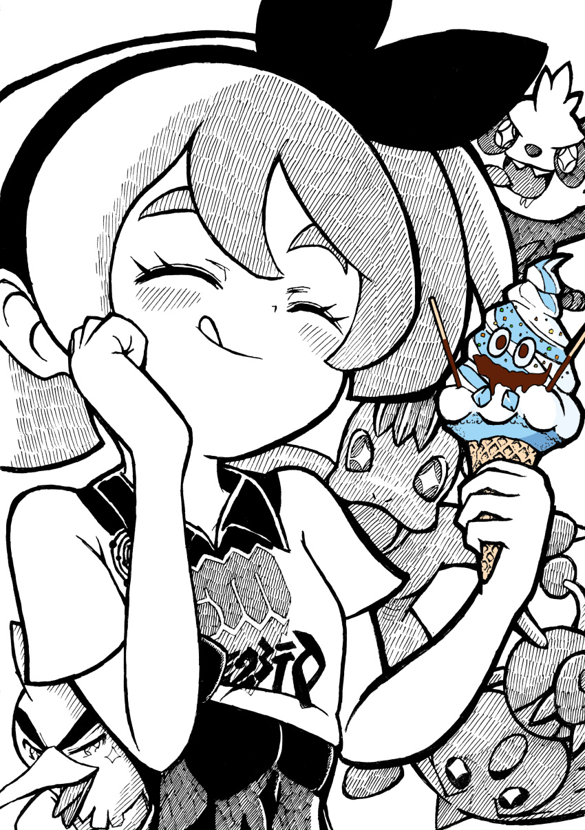 1girl, :q, absurdres, bangs, bea_(pokemon), black_bodysuit, black_hairband, blush