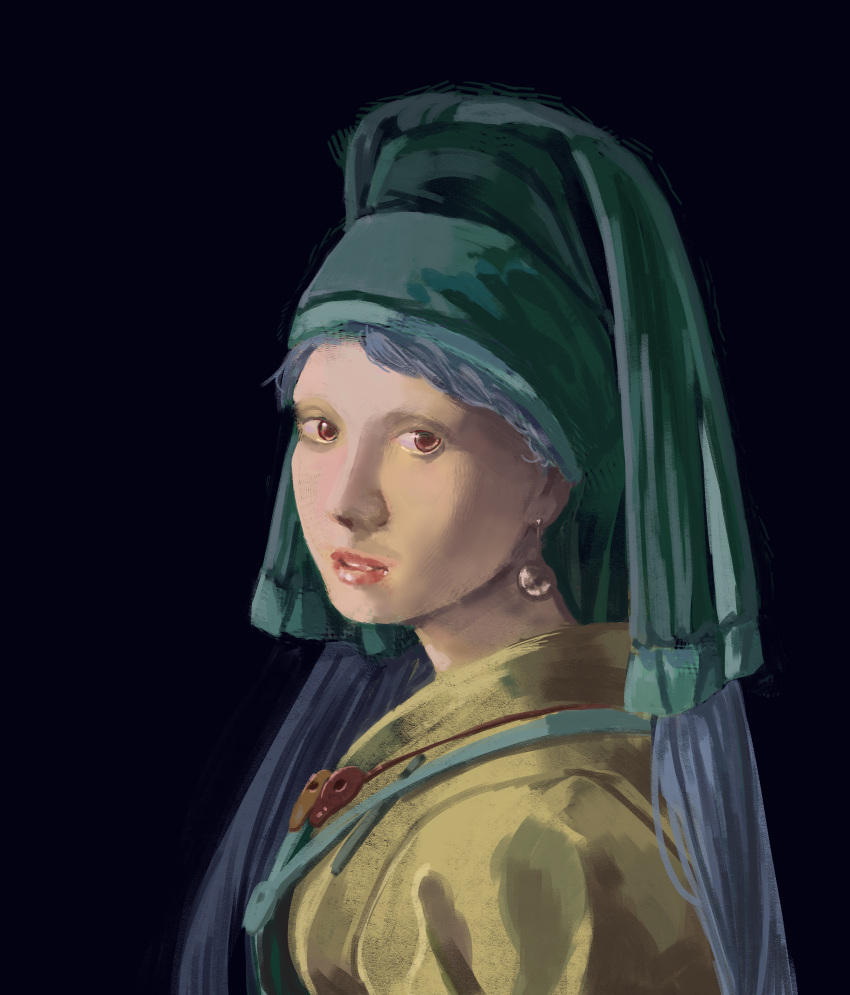 1girl, absurdres, aqua_apron, black_background, blue_hair, dress, earrings, fine_art_parody, girl_with_a_pearl_earring, haniyasushin_keiki, head_scarf, highres, huge_filesize, jewelry, long_hair, looking_at_viewer, magatama, magatama_necklace, parody, parted_lips, portrait, realistic, single_strap, sly930105, touhou, yellow_dress
