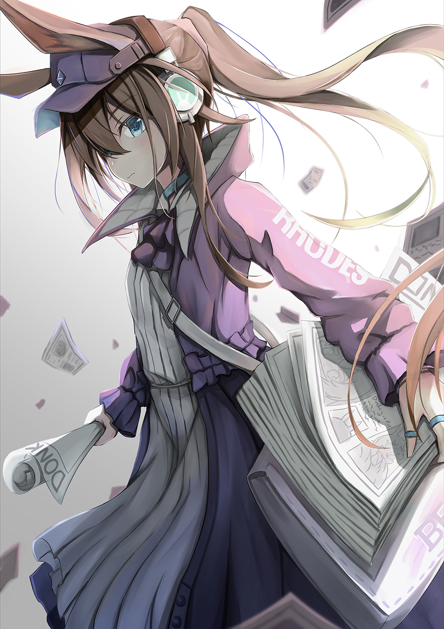 1girl, amiya_(arknights), amiya_(newsgirl)_(arknights), animal_ears, arknights, ascot, bangs, blue_eyes