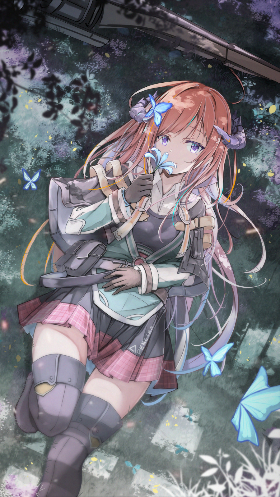 1girl, arknights, bagpipe_(arknights), bangs, belt, black_gloves, black_legwear, breasts