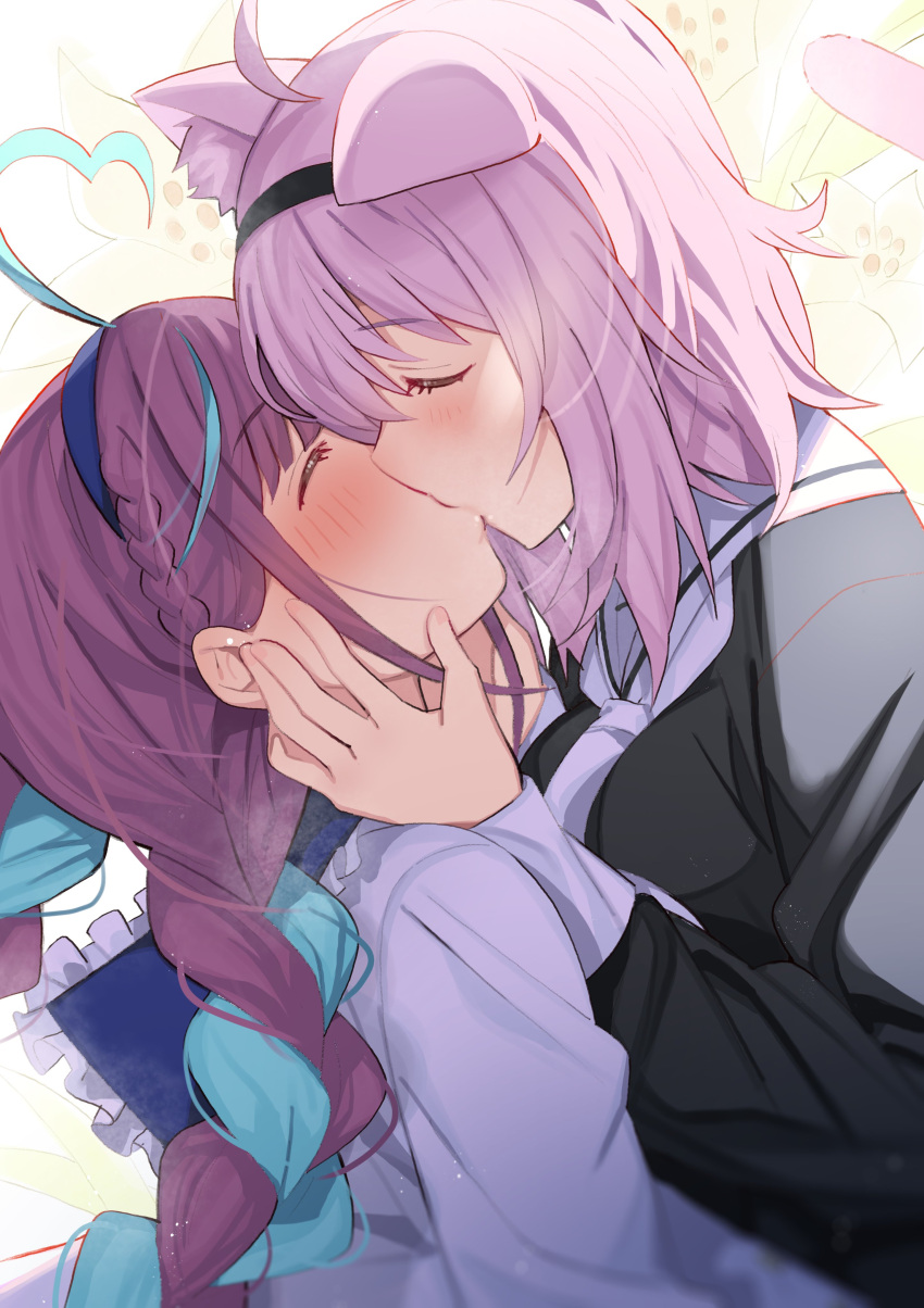 2girls, :3, absurdres, ahoge, animal_collar, animal_ears, aqua_hair, bangs