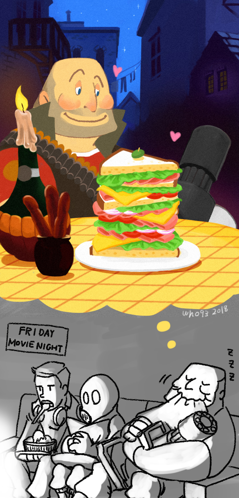 1other, 2boys, bald, candle, eating, english_text, food, gas_mask