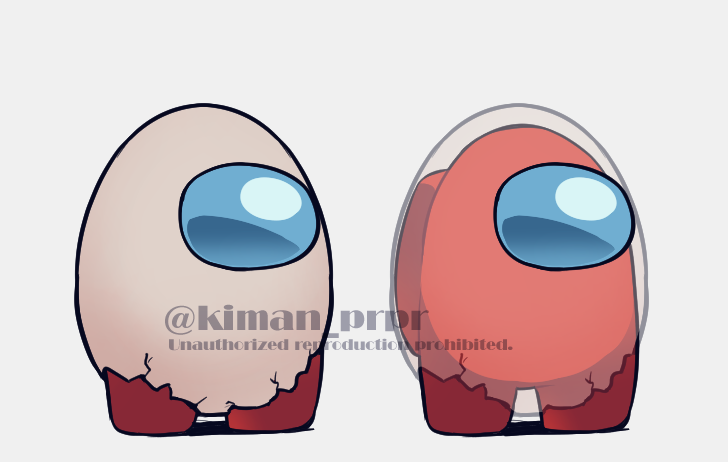 among_us, commentary_request, crewmate_(among_us), egg_costume, full_body, grey_background, keyman, multiple_views, no_humans, repost_notice, simple_background, space_helmet, spacesuit, standing, symbol_commentary, transparent, twitter_username