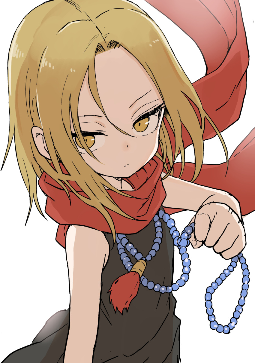 1girl, absurdres, black_dress, blonde_hair, closed_mouth, commentary_request, dress, forehead