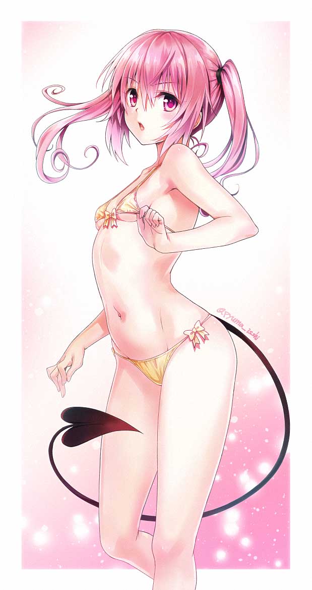 1girl, artist_name, bikini, breasts, collarbone, contrapposto, cowboy_shot, demon_tail, front-tie_top, groin, isshi_pyuma, long_hair, nana_asta_deviluke, navel, open_mouth, pink_eyes, pink_hair, side-tie_bikini, small_breasts, solo, standing, swimsuit, tail, to_love-ru, to_love-ru_darkness, twintails, yellow_bikini