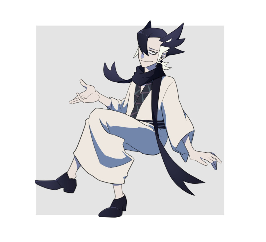 1boy, bangs, black_footwear, black_hair, black_scarf, closed_mouth, commentary_request, floating_scarf, full_body, grimsley_(pokemon), hair_over_one_eye, hand_up, highres, invisible_chair, looking_at_viewer, male_focus, multicolored_hair, pokemon, pokemon_(game), pokemon_sm, scarf, shoes, sitting, smile, solo, spiky_hair, tokiwajing, two-tone_hair, white_hair