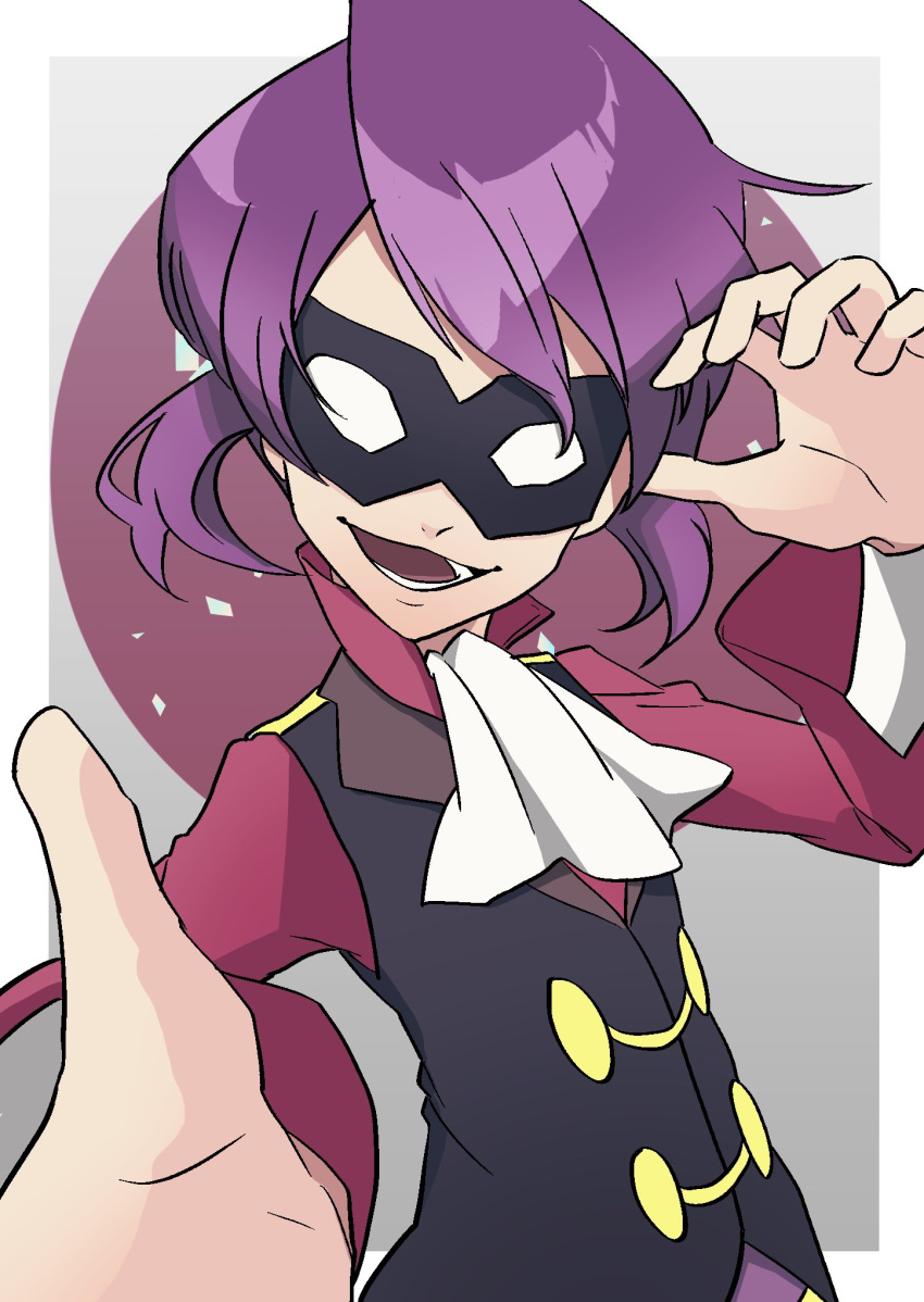 1boy, :d, bangs, commentary_request, cravat, domino_mask, elite_four, highres