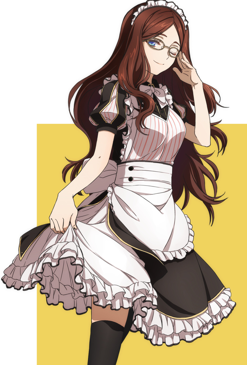 1girl, apron, bangs, black_dress, black_legwear, blue_eyes, blush, breasts