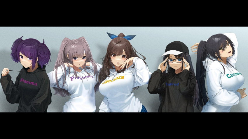 5girls, :o, adjusting_eyewear, arm_up, arms_up, bangs, baseball_cap, black-framed_eyewear