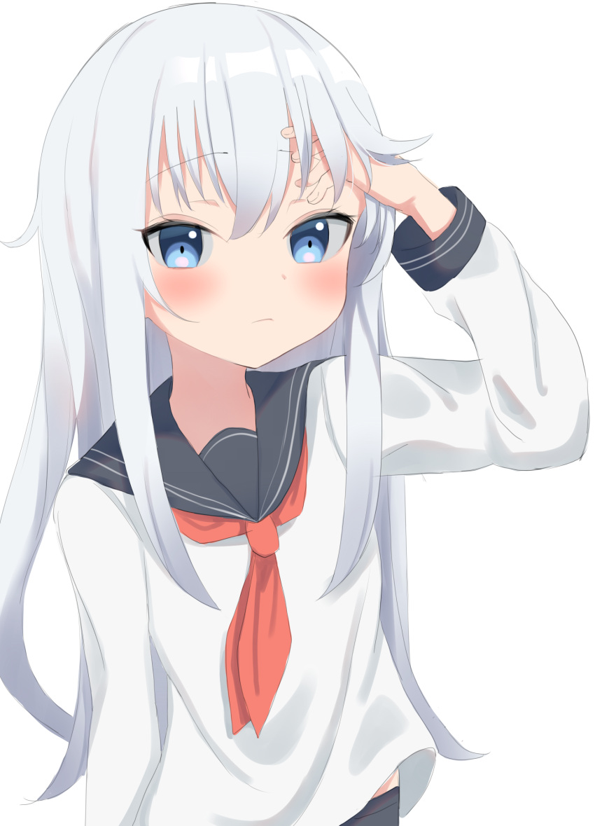 1girl, black_sailor_collar, blue_eyes, hibiki_(kancolle), highres, holding, holding_hair, kantai_collection, long_hair, neckerchief, red_neckwear, sailor_collar, sailor_shirt, school_uniform, serafuku, shirt, silver_hair, simple_background, solo, tachibana_(x_quick), upper_body, white_background, white_shirt