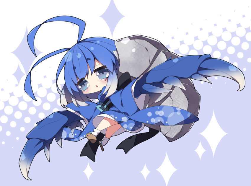 1girl, antenna_hair, bangs, blue_eyes, blue_hair, blue_kimono, breasts, brown_footwear