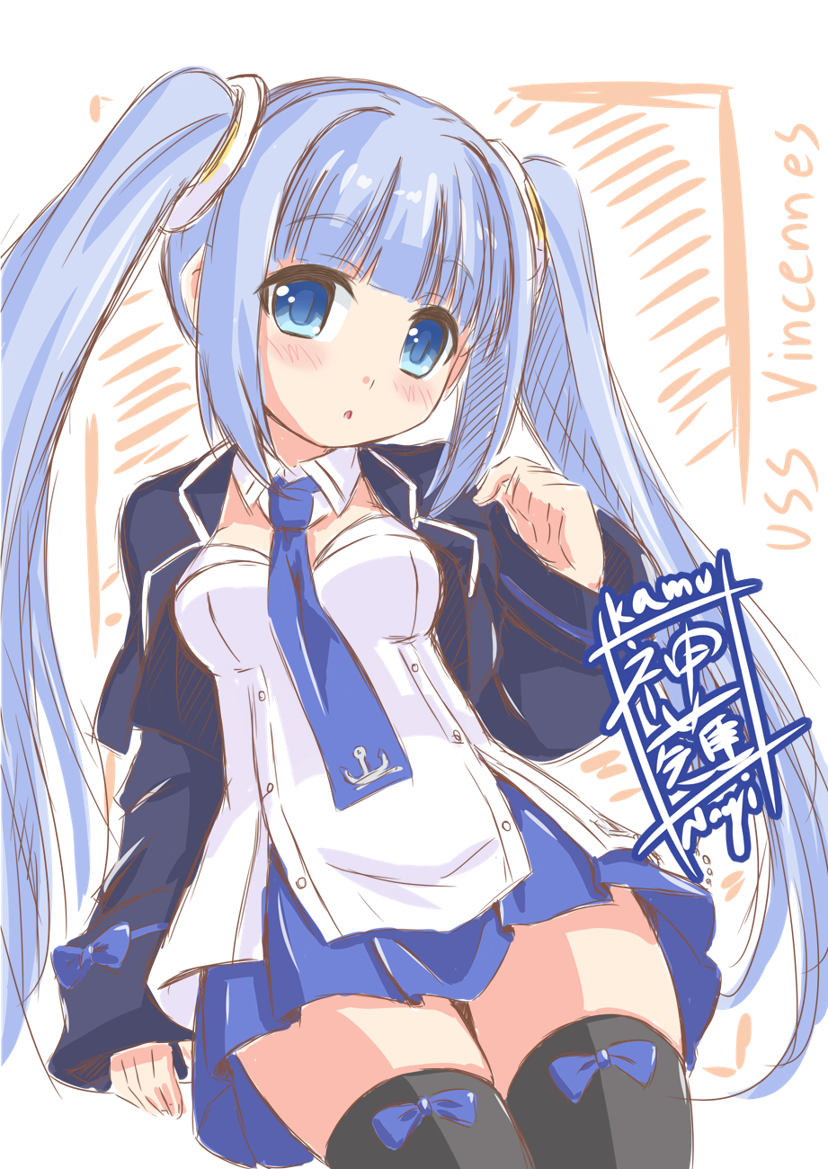 1girl, anchor_symbol, azur_lane, black_jacket, black_legwear, blue_eyes, blue_hair, blue_neckwear, blue_skirt, blush, breasts, character_name, cowboy_shot, disembodied_limb, eyebrows_visible_through_hair, hair_ornament, hair_ribbon, highres, jacket, kan'nagi_(vtk7710), long_hair, long_sleeves, looking_at_viewer, necktie, open_mouth, ribbon, shirt, skirt, small_breasts, solo, thigh-highs, twintails, vincennes_(azur_lane), white_background, white_shirt