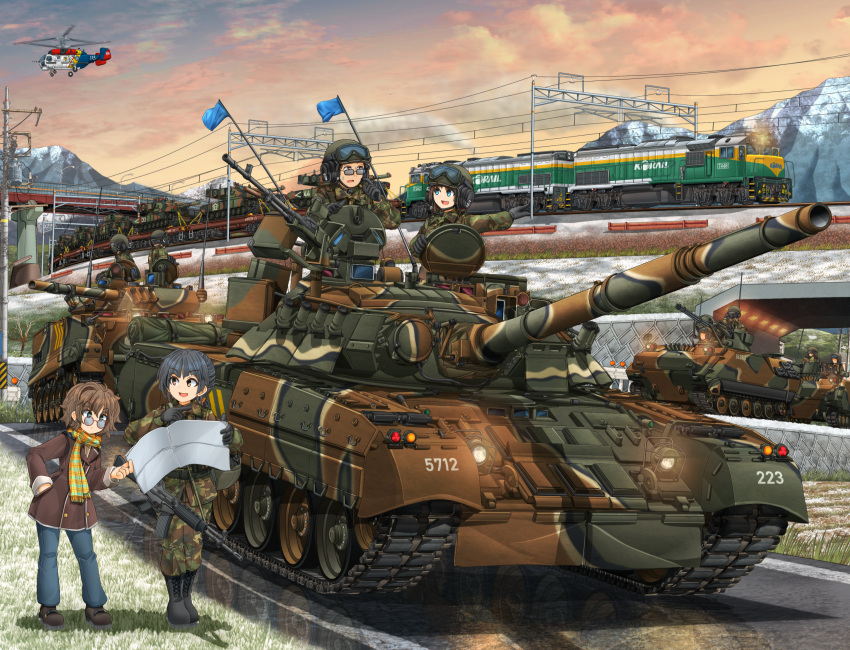 3boys, 3girls, black_gloves, bmp-3, boots, bridge, brown_eyes, brown_hair