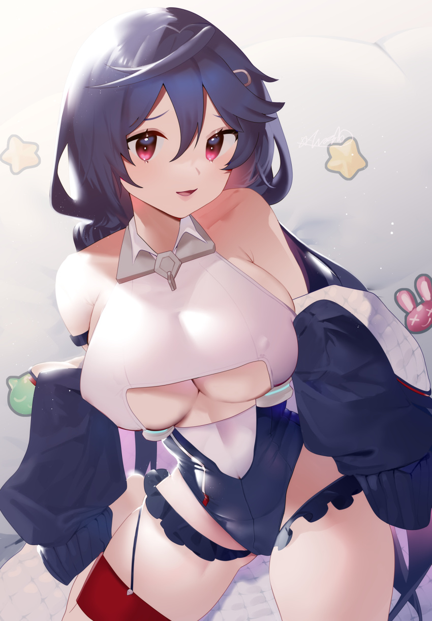 1girl, ahoge, allen_m._sumner_(azur_lane), azur_lane, bed, black_coat, black_hair, black_leotard