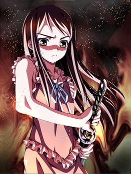 angry, brown_hair, fire, katana, kirihara_touko, long_hair, matsuryuu, pink_dress