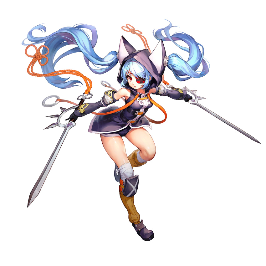 1girl, animal_hood, artificial_hero, cat_hood, detached_sleeves, dual_wielding, eyepatch, full_body