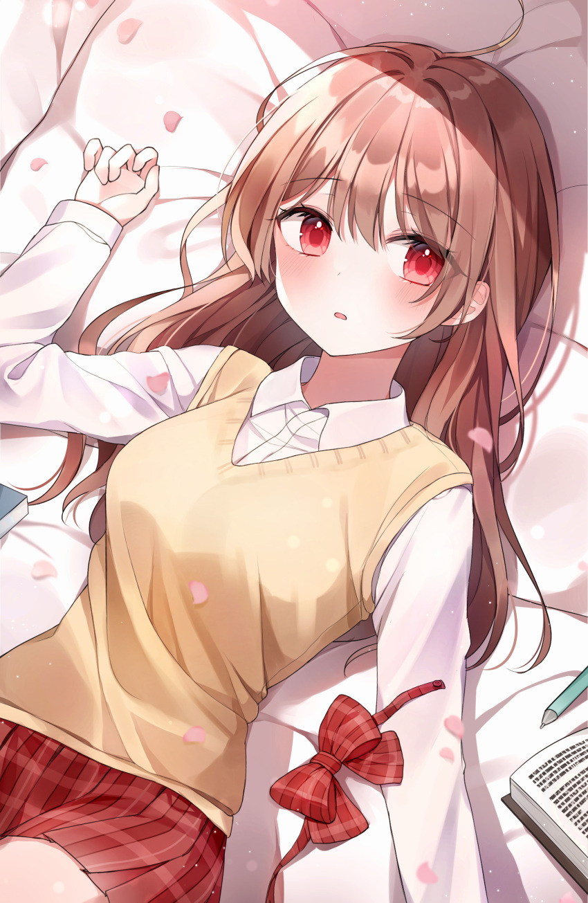 1girl, absurdres, ahoge, bangs, beige_vest, blush, book, bow