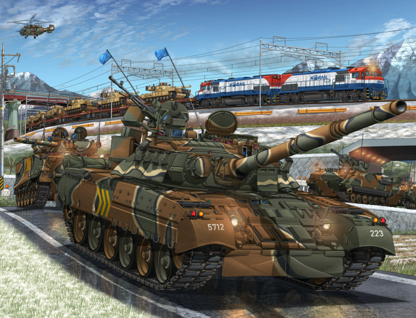black_gloves, bmp-3, boots, bridge, brown_eyes, brown_hair, clouds, combat_boots
