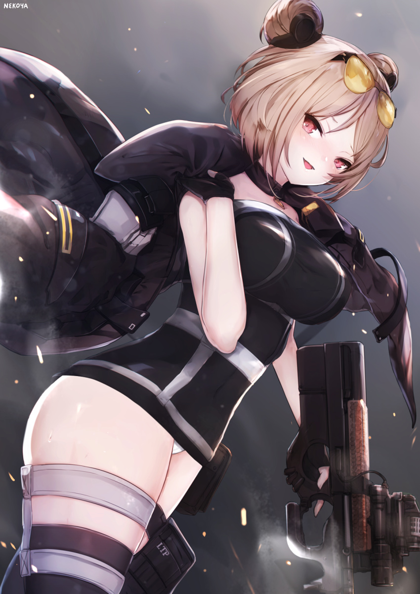 1girl, :d, artist_name, bare_shoulders, black_dress, black_gloves, black_jacket, black_legwear