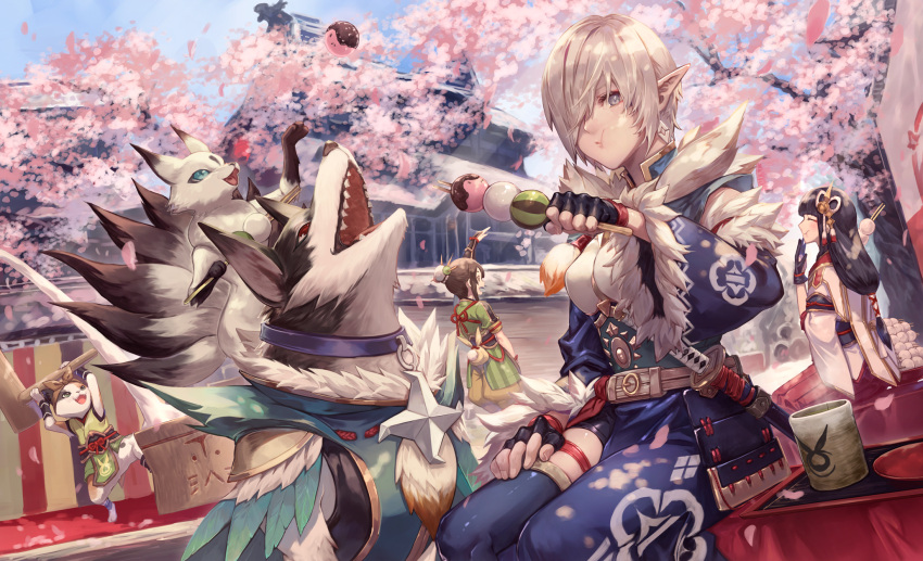 3girls, animal_collar, canyne, cherry_blossoms, collar, cup, dango, dog, eating, fangs, felyne, food, hair_over_one_eye, highres, hinoa, japanese_clothes, kamurai_(armor), mito_itsuki, monster_hunter_(series), monster_hunter_rise, multiple_girls, open_mouth, silver_hair, sitting, smile, tree, wagashi, yomogi