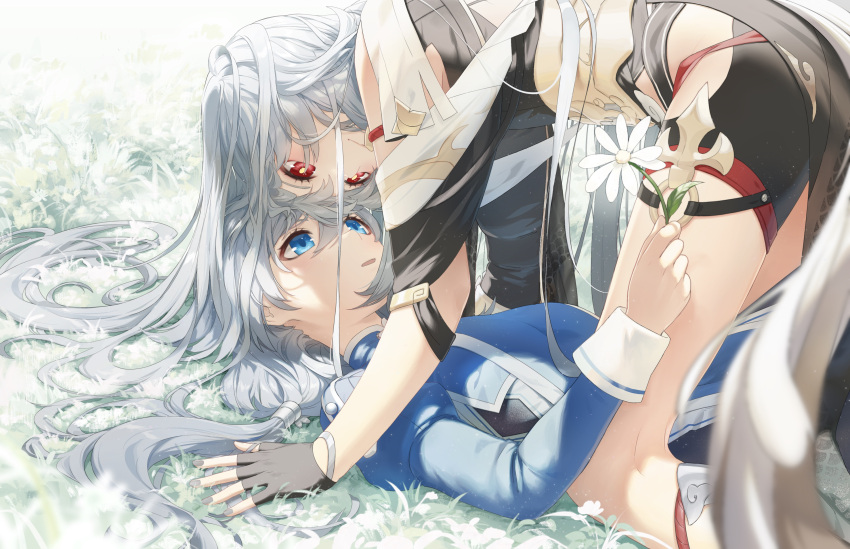 2girls, absurdres, blue_eyes, china_dress, chinese_clothes, dress, fingerless_gloves, flower
