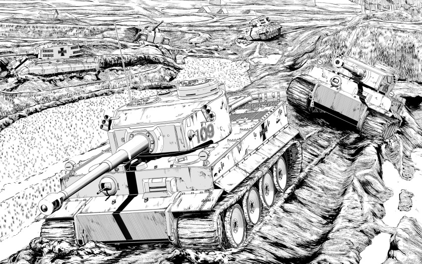 bad_id, bad_twitter_id, commentary, emblem, girls_und_panzer, greyscale, ground_vehicle, highres, kuromorimine_(emblem), landscape, military, military_vehicle, monochrome, motor_vehicle, mud, no_humans, outdoors, tank, tank_focus, tiger_i, tiger_ii, vehicle_focus, yoshida_hajime
