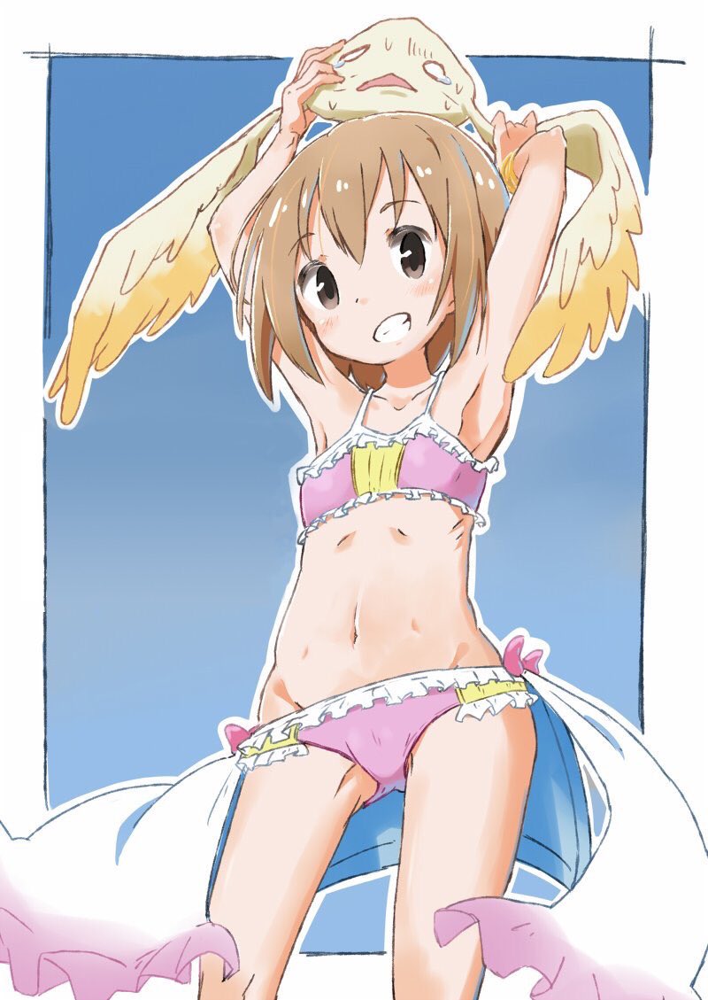 1girl, 1other, armpits, arms_up, ashida_ichirou, ass_visible_through_thighs, bikini, blue_background