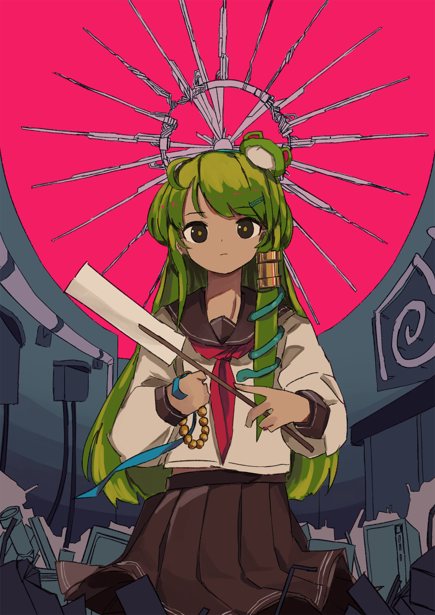 1girl, alternate_costume, alternate_eye_color, beads, closed_mouth, cowboy_shot, cropped_legs, frog_hair_ornament