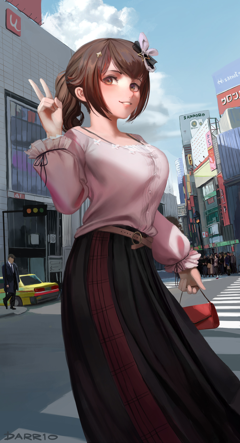 1girl, alternate_hairstyle, bag, belt, black_skirt, blue_sky, breasts, brown_eyes