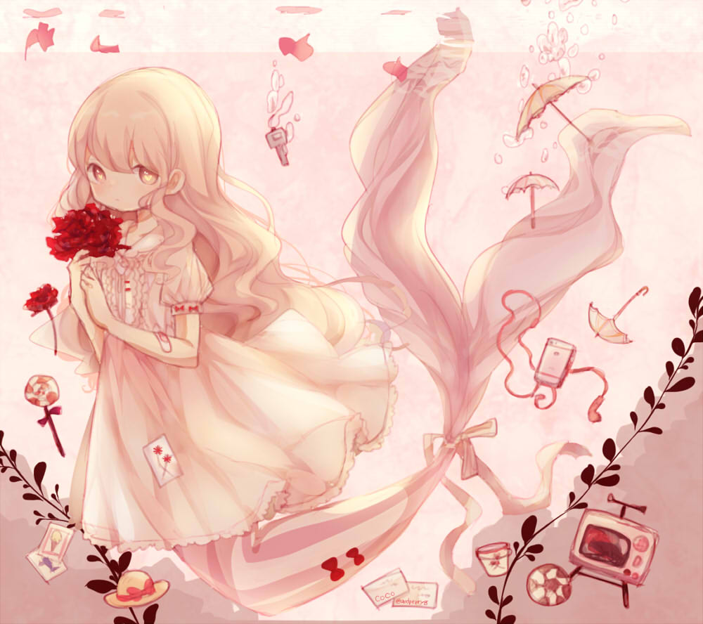 1girl, air_bubble, ball, bandaid, bow, brown_eyes, bubble, bucket, candy, card, cellphone, coco_(hinatacoco), collared_dress, earphones_removed, flower, food, hat, heart, heart-shaped_pupils, holding, holding_flower, key, leaf, lollipop, long_hair, mermaid, monster_girl, original, phone, pink_background, short_sleeves, sinking, smartphone, soccer_ball, solo, symbol-shaped_pupils, television, twitter_username, umbrella, underwater