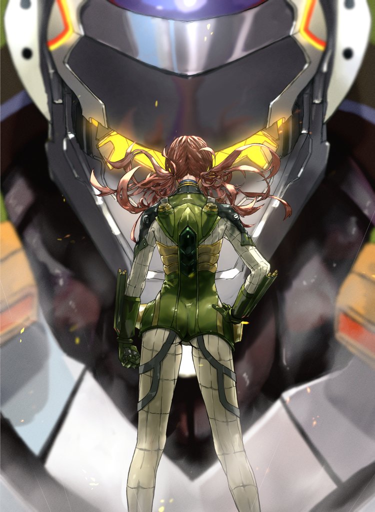 1girl, ass, brown_hair, clenched_hand, eva_05, evangelion:_2.0_you_can_(not)_advance, floating_hair, from_behind, glowing, hand_on_hip, kdm_(ke_dama), makinami_mari_illustrious, mecha, neon_genesis_evangelion, pilot_suit, plugsuit, rebuild_of_evangelion, science_fiction, solo_focus, twintails, visor