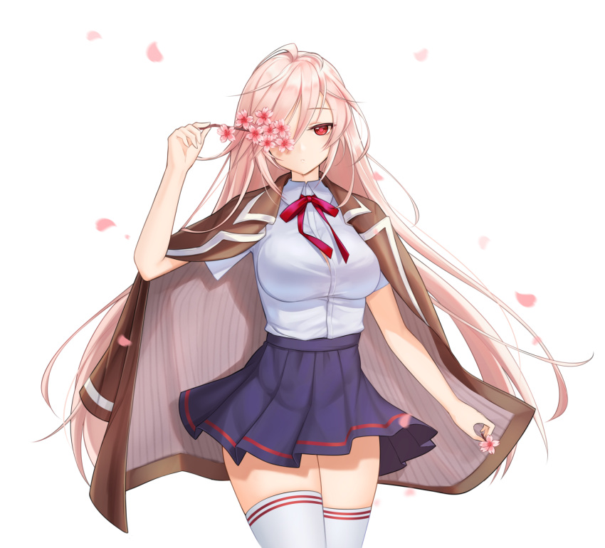 1girl, breasts, cherry_blossoms, highres, jacket, jacket_on_shoulders, kbn317, large_breasts