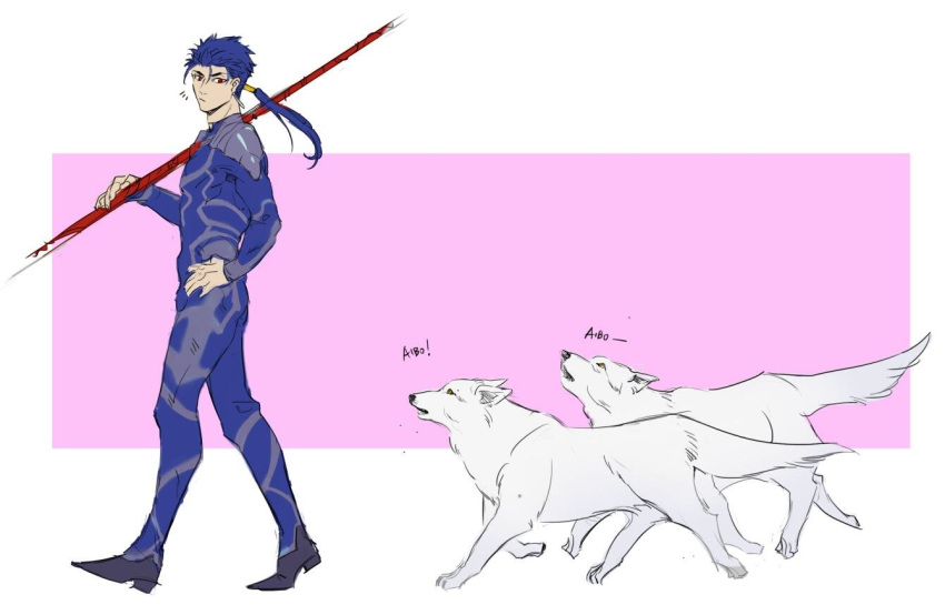 1boy, 2others, armor, blue_bodysuit, blue_hair, bodysuit, closed_mouth, cu_chulainn_(fate)_(all)