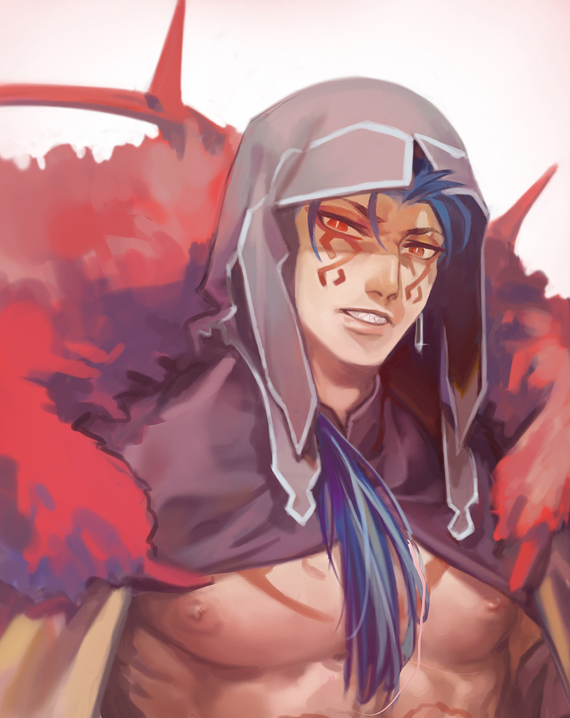 1boy, angry, blue_hair, cape, closed_mouth, cu_chulainn_(fate)_(all), cu_chulainn_alter_(fate/grand_order), dark_persona
