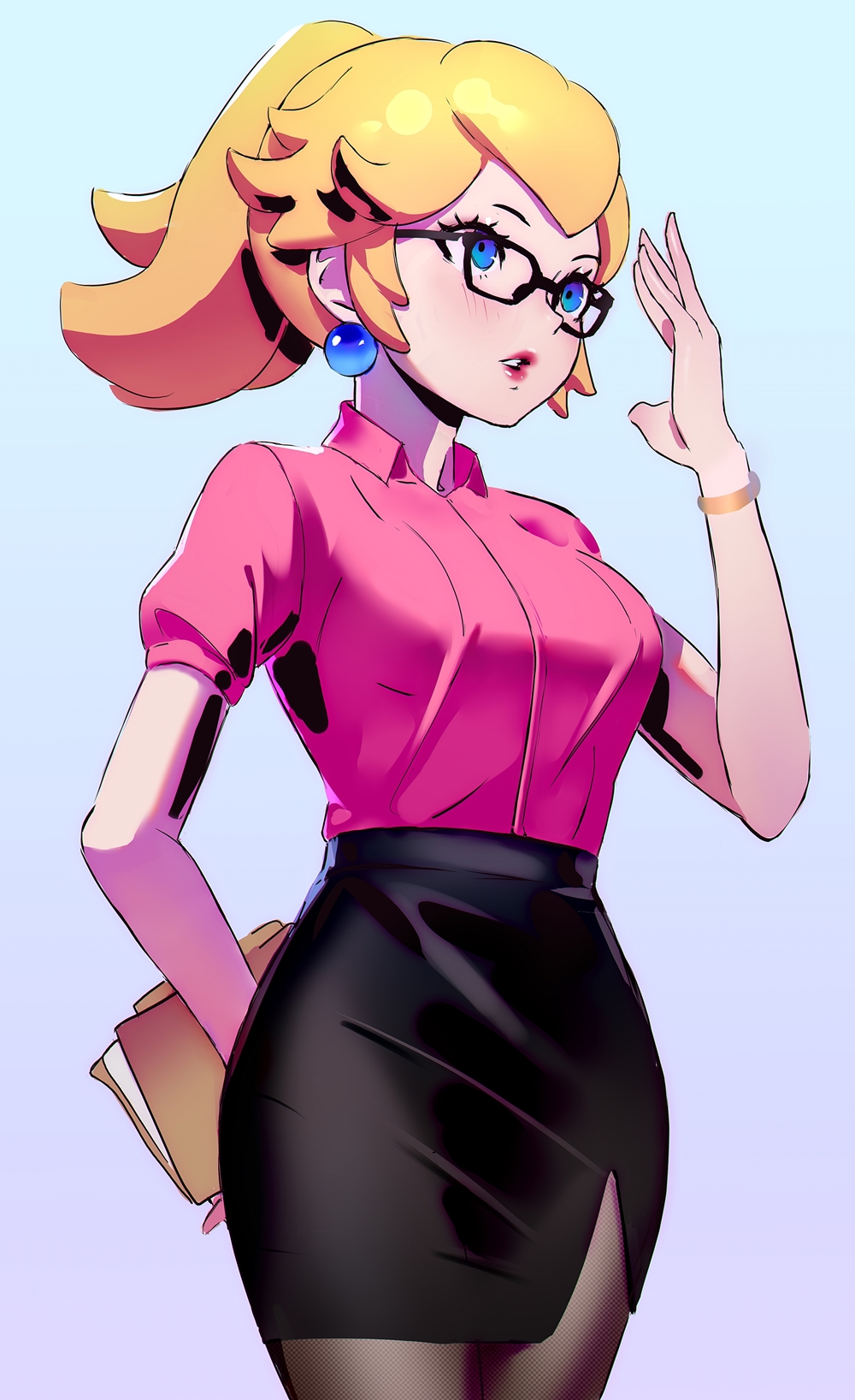 1girl, alternate_costume, black_legwear, blonde_hair, blue_eyes, bracelet, breasts, collared_shirt