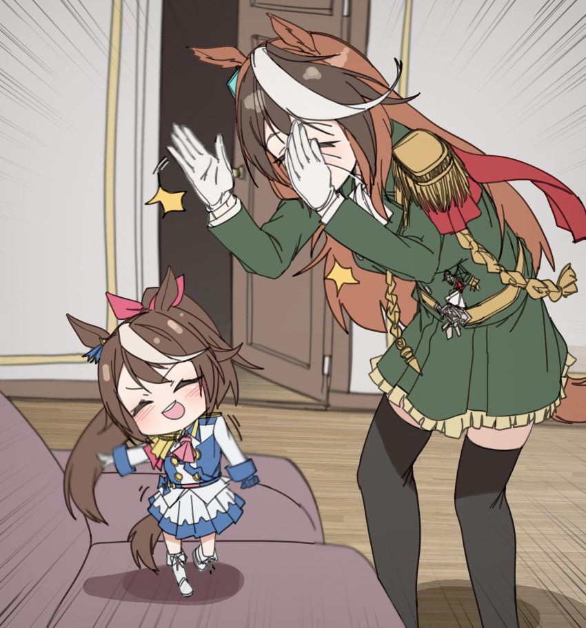 2girls, absurdres, animal_ears, black_legwear, boots, brown_hair, clapping, closed_eyes
