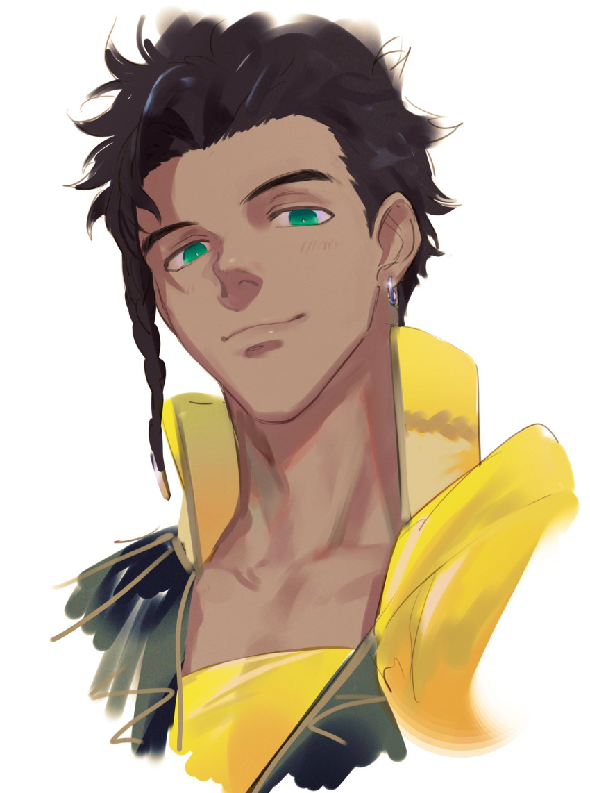 1boy, braid, brown_hair, claude_von_riegan, closed_mouth, collar, dark_skin, dark_skinned_male, earrings, fire_emblem, fire_emblem:_three_houses, green_eyes, haiki_(tegusu), highres, jewelry, looking_at_viewer, portrait, simple_background, single_braid, single_earring, smile, white_background