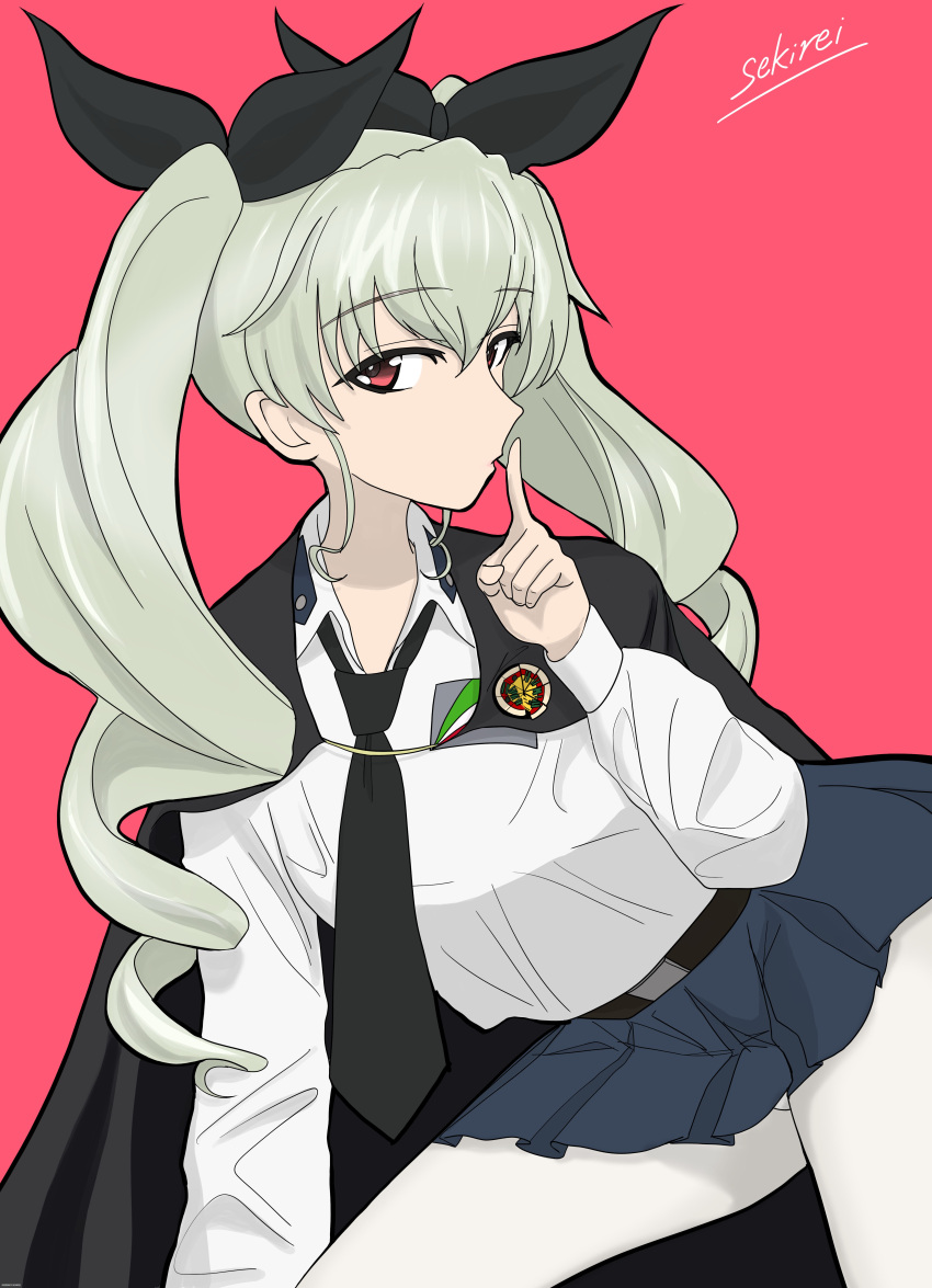 1girl, absurdres, anchovy_(girls_und_panzer), anzio_(emblem), anzio_school_uniform, artist_name, bangs, belt