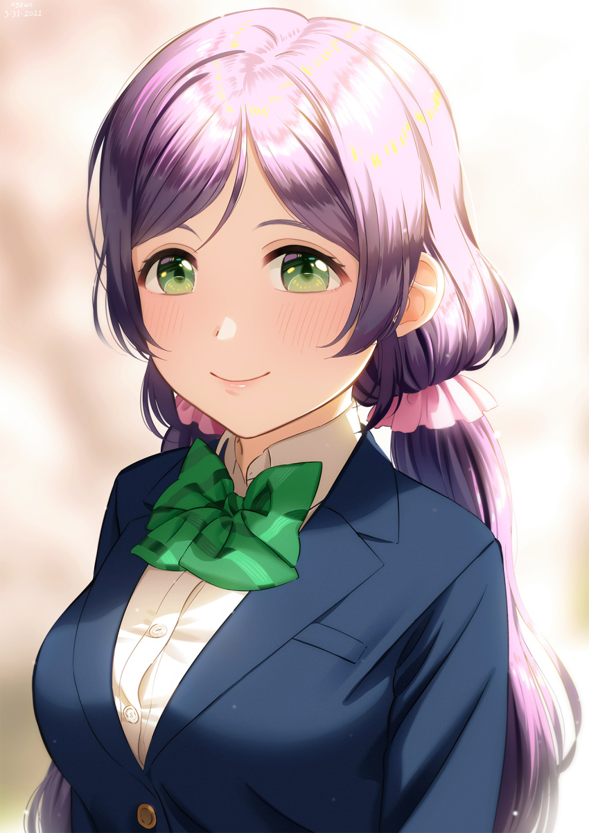 1girl, bangs, blazer, blue_jacket, blush, bow, bowtie, breasts