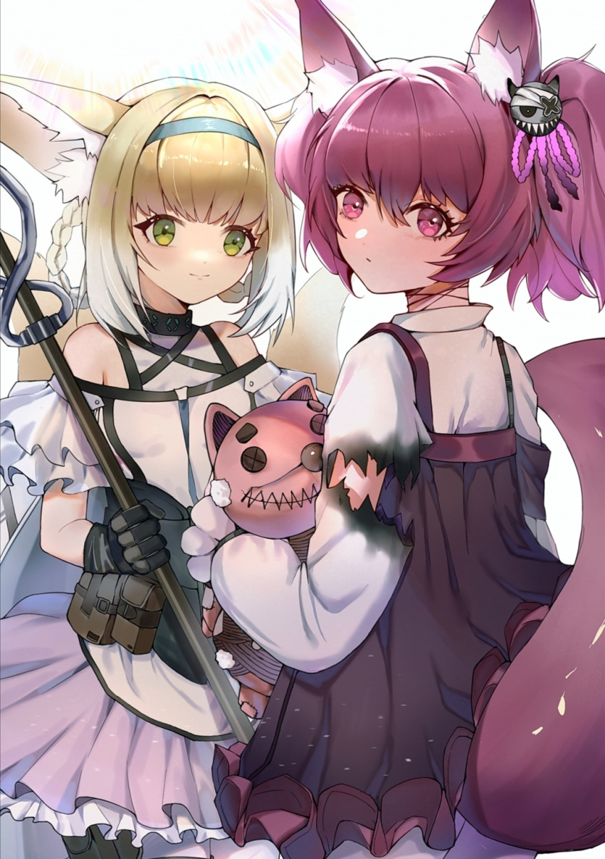 animal_ear_fluff, animal_ears, arknights, bangs, bare_shoulders, black_dress, black_gloves, blue_hairband
