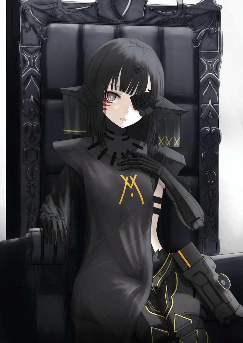 1girl, absurdres, android, black_clothes, black_hair, chair, english_commentary, girls_frontline