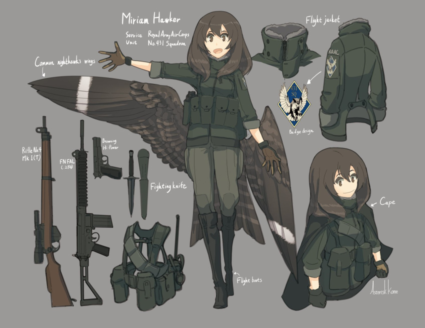 1girl, assault_rifle, asterisk_kome, battle_rifle, black_footwear, boots, brown_eyes, brown_gloves