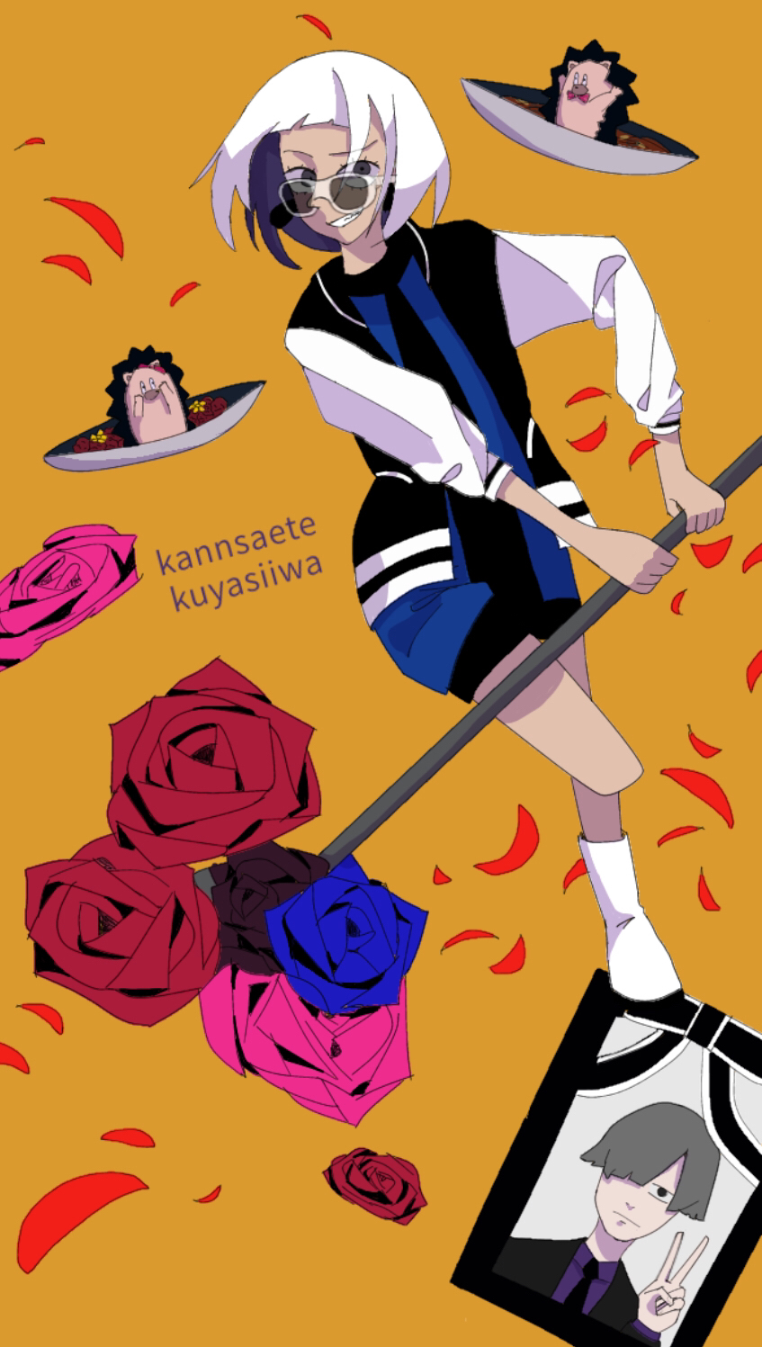 1girl, blue_flower, blue_rose, boots, flower, full_body, highres, jacket, kannsaete_kuyasiiwa_(zutomayo), long_sleeves, looking_at_viewer, orange_background, parted_lips, petals, pink_flower, pink_rose, red_flower, red_rose, rose, short_hair, shorts, smile, sunglasses, user_wjnz3583, white-framed_eyewear, white_footwear, white_hair, zutto_mayonaka_de_ii_no_ni